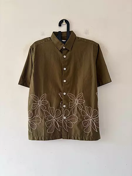 Olive floral embroidered shirt