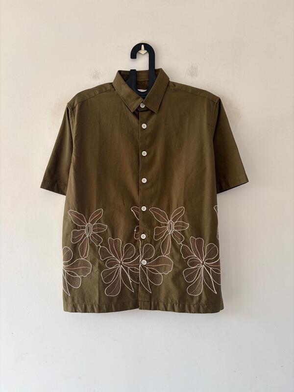 Olive floral embroidered shirt