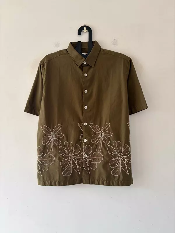 Olive floral embroidered shirt