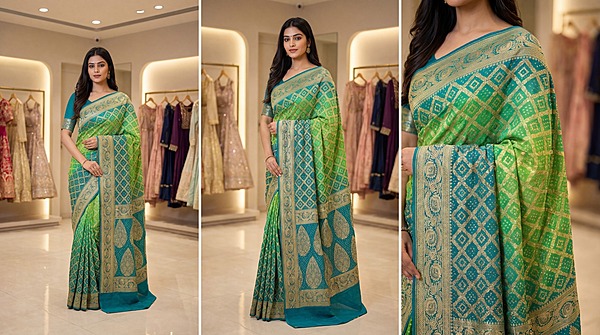 Kala Sanskruti Parrot Green Sky Blue Color Pure Banarasi Saree 6.5M Elegant Traditional Wear Graceful Pure Banarasi Saree Handcrafted Artistry for Woman