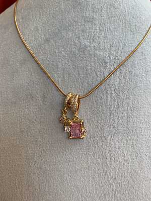 Pink Emerald-Cut Crystal Charms on Gold Snake Chain Pink Emerald-Cut Crystal Charms on Gold Snake Chain