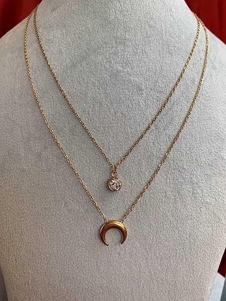 Layered Celestial Crescent & Solitaire Necklace Set