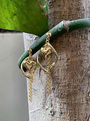 Golden Arc Heart & Tassel Drop Earrings