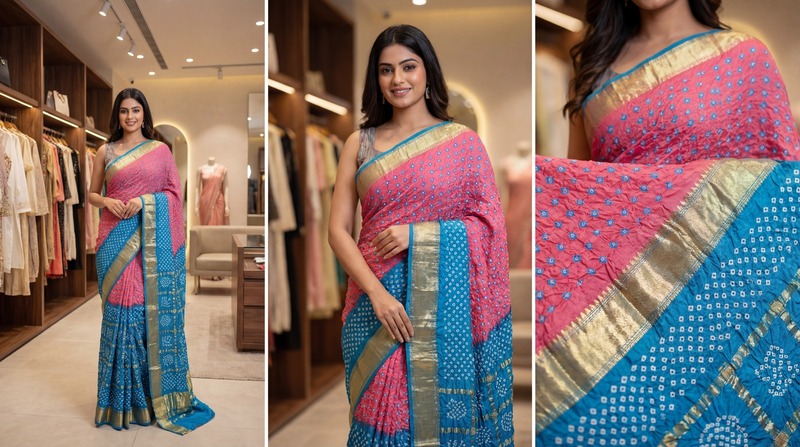 Kala Sanskruti Sky Blue Peach Color Pure Gaji Silk Bandhani Saree 6.5M with Blouse Piece Elegant Traditional Wear Saree for Women