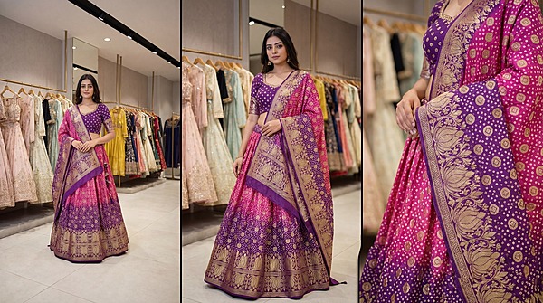 Kala Sanskruti Rani Pink & Purple Color Banarasi Georgette Bandhani Chaniyacholi 3.75M Elegant Traditional Pure Banarasi Chaniyacholi for Women
