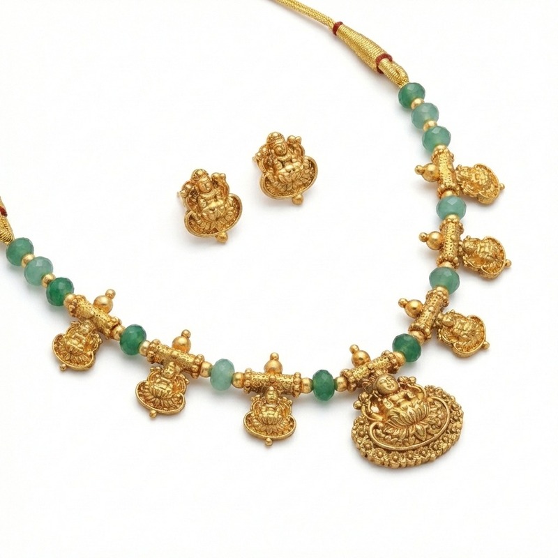 Traditional green Lakshmi necklace with matching earrings