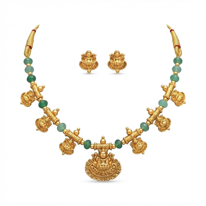 Traditional green Lakshmi necklace with matching earrings