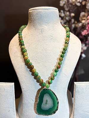 atural Green Agate Geode Slice & Unakite Bead Necklace & Earring Set