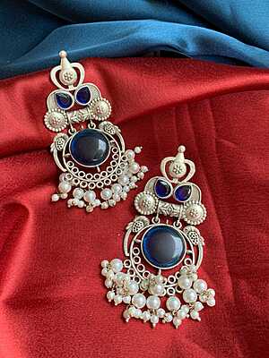 Royal Cobalt & Pearl Oxidized Silver Jhumka-Style Drop Earrings Royal Cobalt & Pearl Oxidized Silver Jhumka-Style Drop Earrings