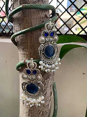 Royal Cobalt & Pearl Oxidized Silver Jhumka-Style Drop Earrings Royal Cobalt & Pearl Oxidized Silver Jhumka-Style Drop Earrings