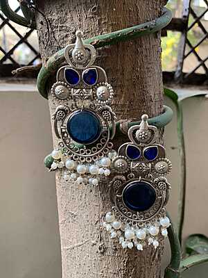 Royal Cobalt & Pearl Oxidized Silver Jhumka-Style Drop Earrings Royal Cobalt & Pearl Oxidized Silver Jhumka-Style Drop Earrings