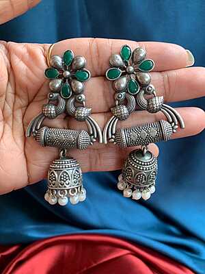 Emerald Floral & Peacock Oxidized Silver Jhumka Drops with Dholki Bead Accent