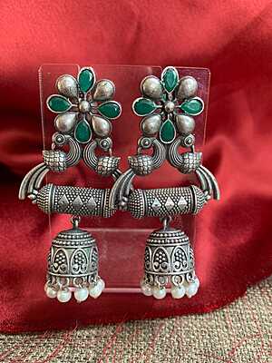 Emerald Floral & Peacock Oxidized Silver Jhumka Drops with Dholki Bead Accent
