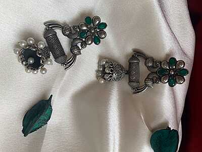 Emerald Floral & Peacock Oxidized Silver Jhumka Drops with Dholki Bead Accent
