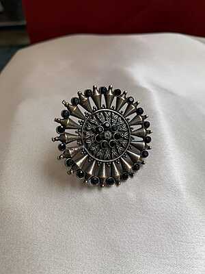 Vintage Oxidized Silver Oversized Mandala Statement Ring with Black Stone Accents Vintage Oxidized Silver Oversized Mandala Statement Ring with Black Stone Accents