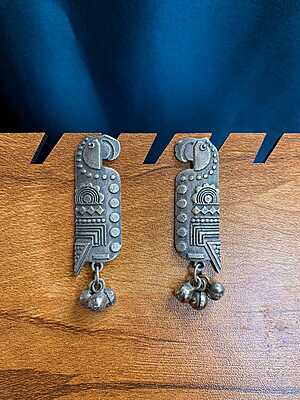 Tribal-Inspired Oxidized Parrot Motif Ghungroo Earrings Tribal-Inspired Oxidized Parrot Motif Ghungroo Earrings