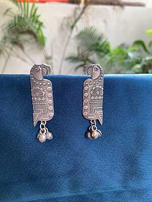 Tribal-Inspired Oxidized Parrot Motif Ghungroo Earrings Tribal-Inspired Oxidized Parrot Motif Ghungroo Earrings