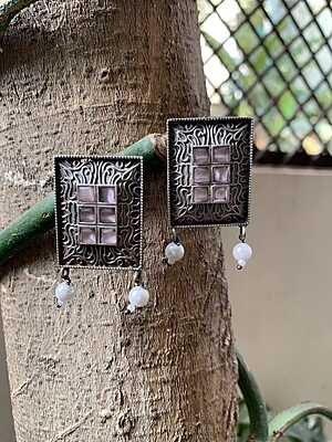 Empress Vintage Oxidized Silver Rectangular Earrings with Rose Quartz & Pearl Accents Empress Vintage Oxidized Silver Rectangular Earrings with Rose Quartz & Pearl Accents