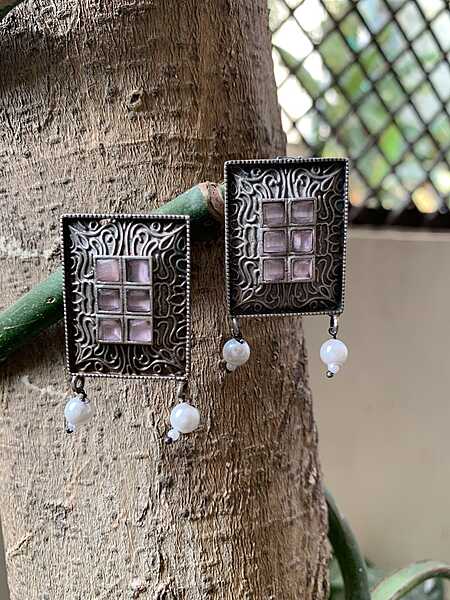 Empress Vintage Oxidized Silver Rectangular Earrings with Rose Quartz & Pearl Accents Empress Vintage Oxidized Silver Rectangular Earrings with Rose Quartz & Pearl Accents