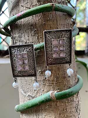 Empress Vintage Oxidized Silver Rectangular Earrings with Rose Quartz & Pearl Accents Empress Vintage Oxidized Silver Rectangular Earrings with Rose Quartz & Pearl Accents