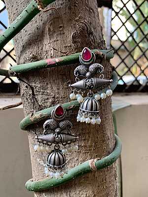 ntique Tribal Jhumka Earrings with Ruby Stones & Pearl Droplets ntique Tribal Jhumka Earrings with Ruby Stones & Pearl Droplets
