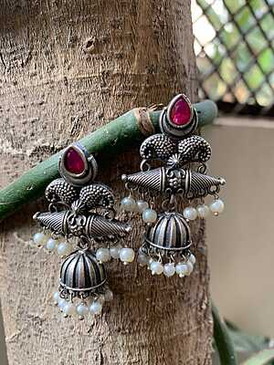 ntique Tribal Jhumka Earrings with Ruby Stones & Pearl Droplets ntique Tribal Jhumka Earrings with Ruby Stones & Pearl Droplets