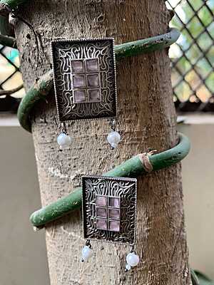 Empress Vintage Oxidized Silver Rectangular Earrings with Rose Quartz & Pearl Accents Empress Vintage Oxidized Silver Rectangular Earrings with Rose Quartz & Pearl Accents