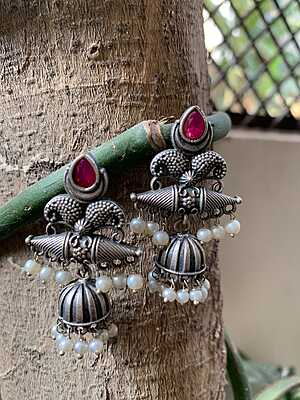 ntique Tribal Jhumka Earrings with Ruby Stones & Pearl Droplets ntique Tribal Jhumka Earrings with Ruby Stones & Pearl Droplets