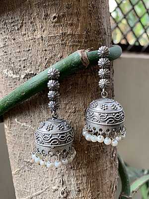 Antique Oxidized Silver Floral Long Jhumka Earrings with Pearl Droplets Antique Oxidized Silver Floral Long Jhumka Earrings with Pearl Droplets