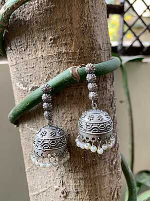Antique Oxidized Silver Floral Long Jhumka Earrings with Pearl Droplets