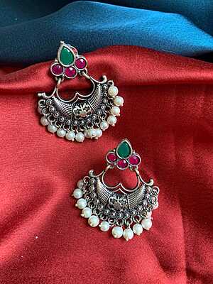 Antique Chandbali Earrings with Kemp Stones and Pearl Drops