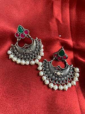 Antique Chandbali Earrings with Kemp Stones and Pearl Drops