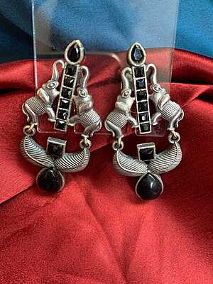 Majestic Elephant Oxidized Silver Drop Earrings with Black Onyx Accents Majestic Elephant Oxidized Silver Drop Earrings with Black Onyx Accents