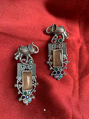 Gaja-Varna Oxidized Silver Elephant Drops with Multi-Color Stone Accents Gaja-Varna Oxidized Silver Elephant Drops with Multi-Color Stone Accents