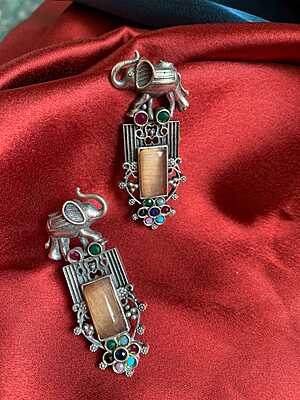 Gaja-Varna Oxidized Silver Elephant Drops with Multi-Color Stone Accents Gaja-Varna Oxidized Silver Elephant Drops with Multi-Color Stone Accents