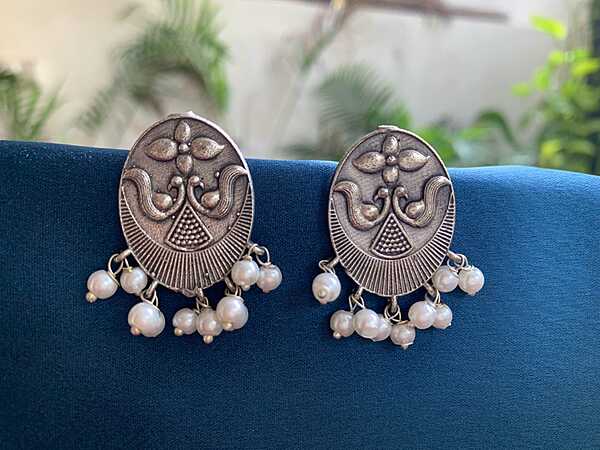 Handcrafted Oxidized Silver Peacock Studs with Pearl Droplets