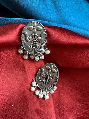 Handcrafted Oxidized Silver Peacock Studs with Pearl Droplets