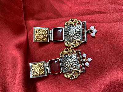 Royal Dual-Tone Temple Drop Earrings with Ruby Glass & Pearls
