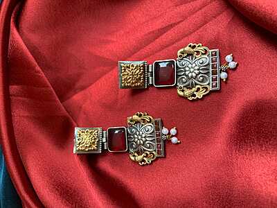 Royal Dual-Tone Temple Drop Earrings with Ruby Glass & Pearls