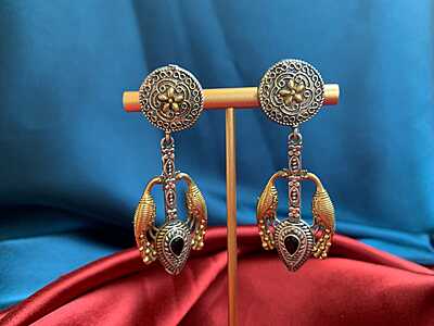 Majestic Peacock Dual-Tone Drop Earrings