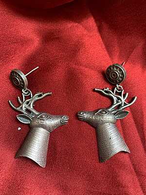 Antiqued Silver-Tone Stag Head Statement Dangle Earrings -