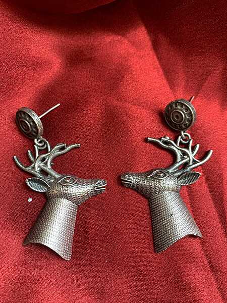 Antiqued Silver-Tone Stag Head Statement Dangle Earrings -