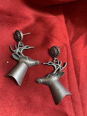 Antiqued Silver-Tone Stag Head Statement Dangle Earrings -