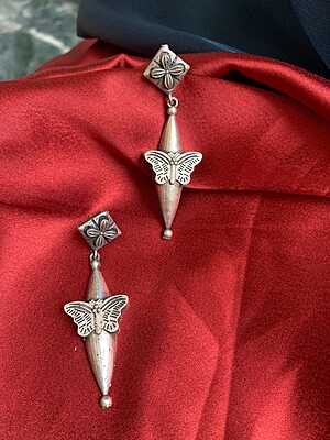 Antique Oxidized Silver Butterfly Tassel Drop Earrings