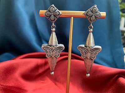 Antique Oxidized Silver Butterfly Tassel Drop Earrings