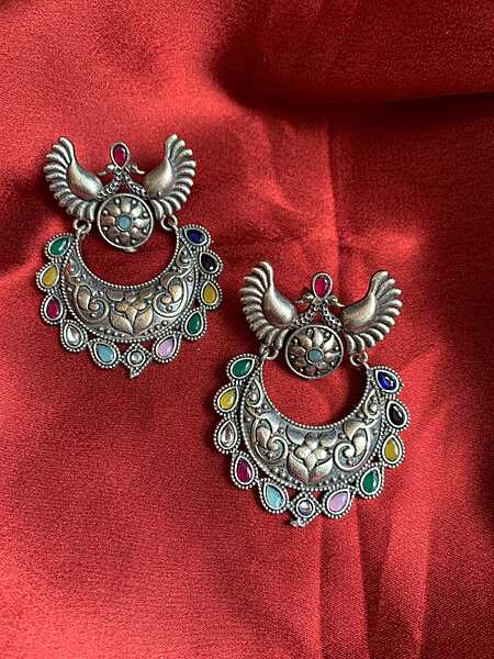 Oxidized Silver Peacock Chandbali Earrings with Multi-Color Stones