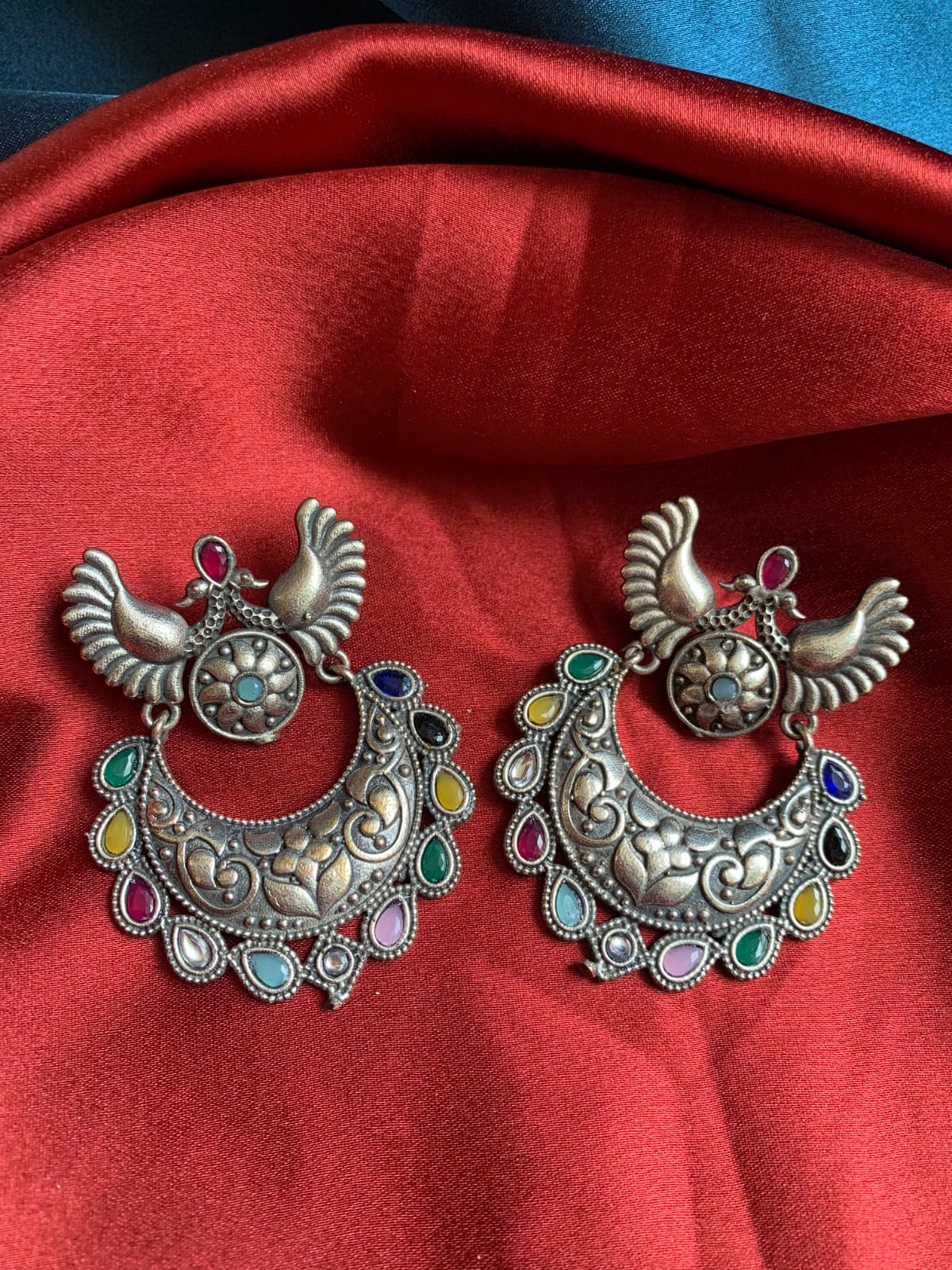 Oxidized Silver Peacock Chandbali Earrings with Multi-Color Stones