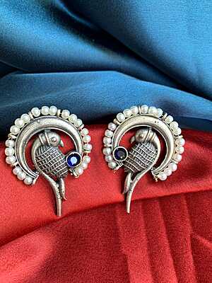 Exotic Parrot Motif Oxidized Silver Studs with Pearl & Blue Stone Exotic Parrot Motif Oxidized Silver Studs with Pearl & Blue Stone