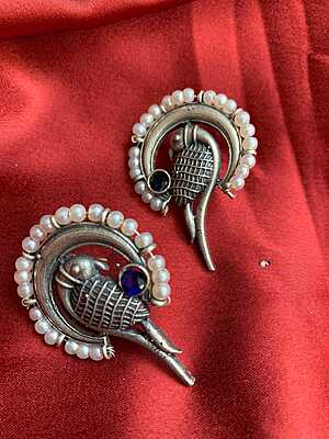 Exotic Parrot Motif Oxidized Silver Studs with Pearl & Blue Stone Exotic Parrot Motif Oxidized Silver Studs with Pearl & Blue Stone