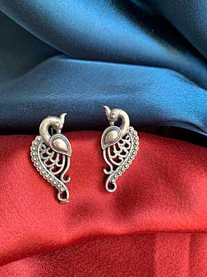 Graceful Peacock Motif Oxidized Silver Statement Studs